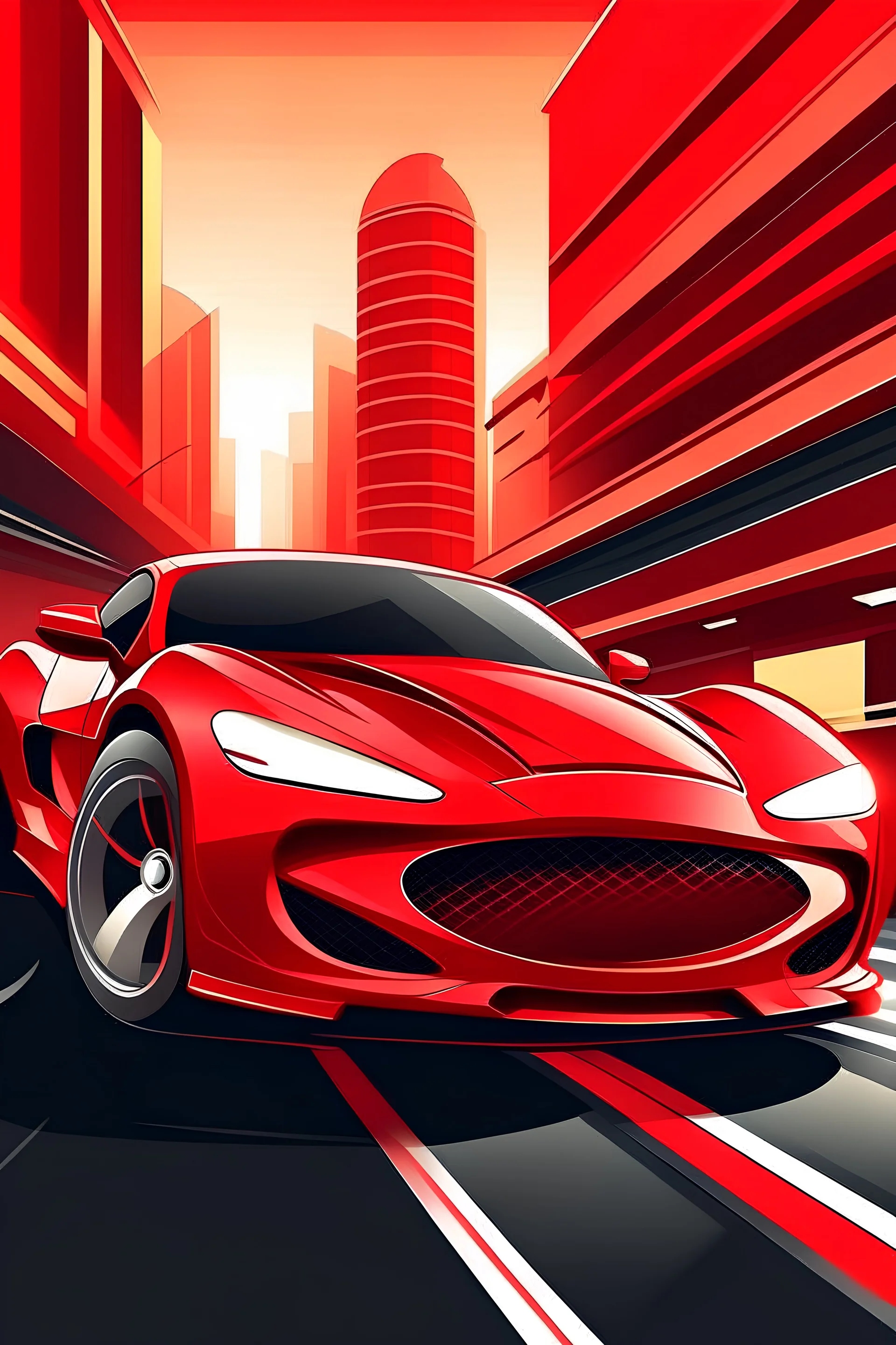 a red sports car speeding fast to escape from the police in a 2d style urban center