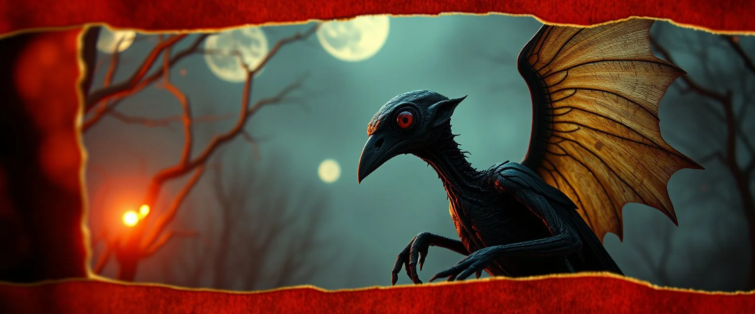 style John Atkinson Grimshaw,3d airbrush render, magpie elf vampire alien dodo , pinhole cam, airbrush 3d rendering, in the style of Titian and Dali , torn edges on border