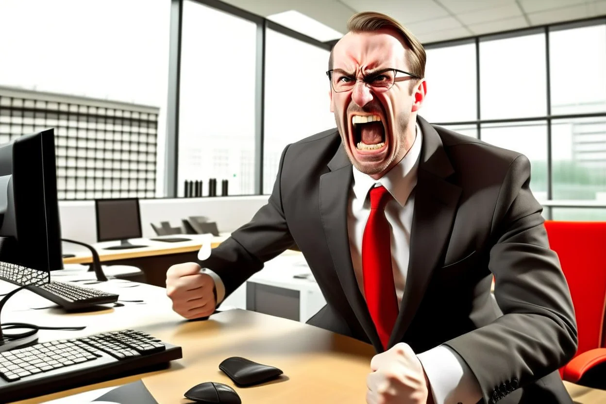 corporate man in office i screaming at employees. Swedish looks. Sign with the text "ICA" in red letters in the background.