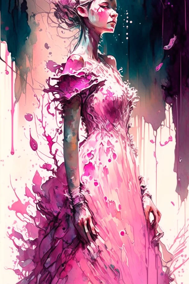 a beautiful bride in pink dress,Watercolor: brush strokes: ink drip: ink spots: by Android Jones: By Ismail Inceoglu and Jean Baptiste mongue: James Jean: Erin Hanson: Dan Mumford: professional photography, natural lighting, volumetric lighting maximalist photoillustration 8k resolution concept art intricately detailed, complex, elegant, expansive, fantastical