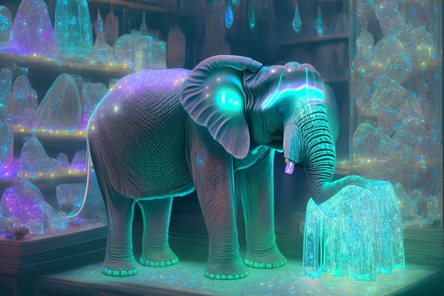 Elephant in a crystal shop with radioluminescent neon crystals