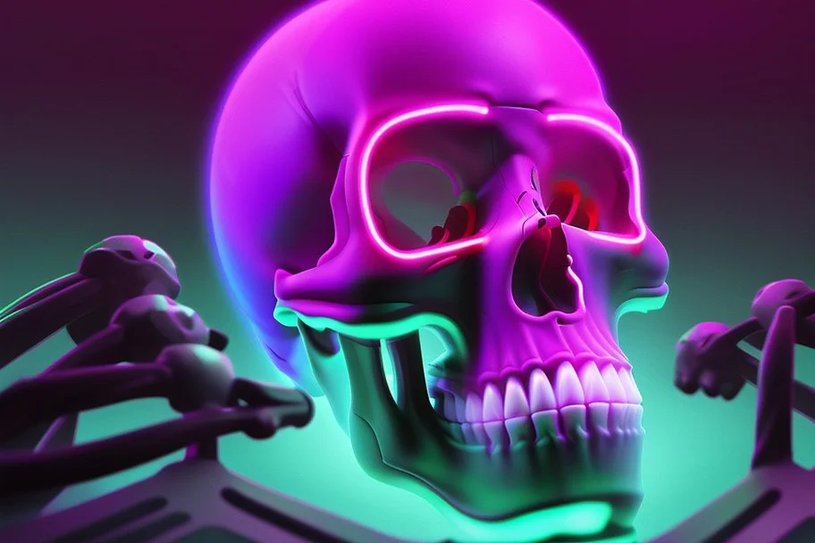 a field of 1000s of cartoonish, anatomically correct, skulls, vivid RANDOM BRIGHT neon colors, dark comedy, well lit, high detail, photorealistic, horrorcore, fun, scary, none featured, each a different color or hue,