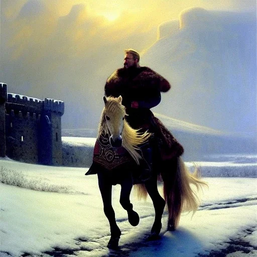 portrait of 'The Northman-Viking King on horse',ancient metal armor,castle,army, snow, cold, painting by gaston bussiere, greg rutkowski, yoji shinkawa, yoshitaka amano, tsutomu nihei, donato giancola, tim hildebrandt, evan lee,oil on canvas, cinematic composition, extreme detail,fit full head inside picture,16k