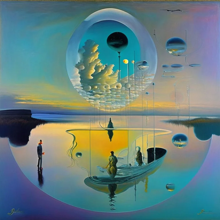 dusk abstract landscape with lake,boat and human body, universe-like Soap Bubble,complex surgical instruments mixed with human body-like musical instruments,minimalism,Painting By Adrian Ghenie, Rene Magritte, Salvador Dali, Lucian Freud