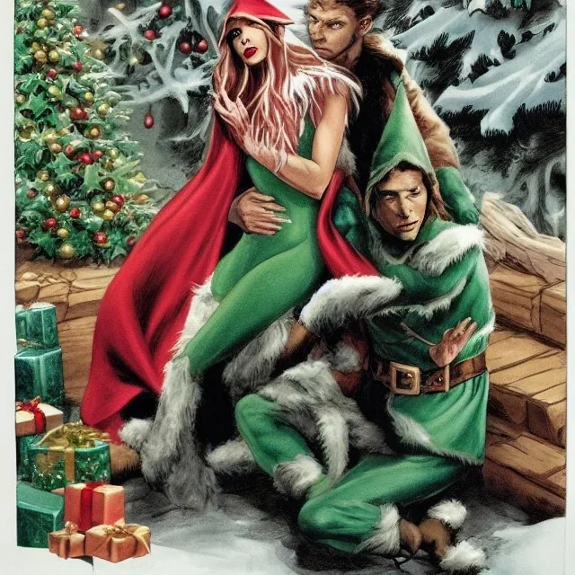 two elves. woman and man. Christmas scene. poster. marvel comic. low-key