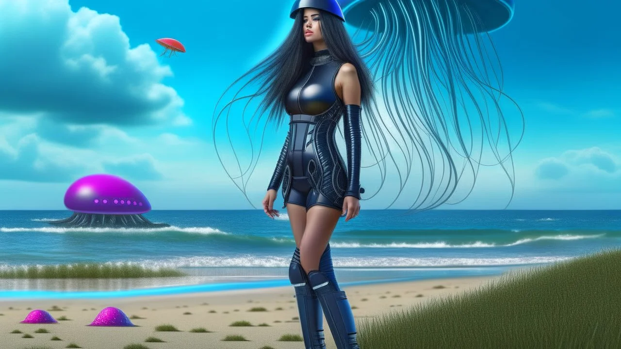 A Long-Haired Woman In A Robotic-Looking Catsuit Standing On A Beach, With Flying Mushrooms with Jellyfish Tentacles, and a crashed Spaceship lying in the water, and a Forest in the distance, photorealistic