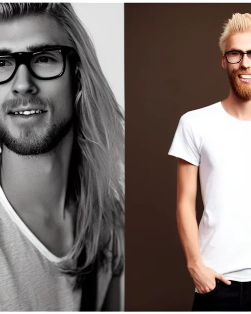 a tall guy who is skinny and scrawny with blond hair and blond beard. his hair is to the left side and he wears glasses. he is wearing a white t-shirt, black jeans and has straight teeth and brown shoes