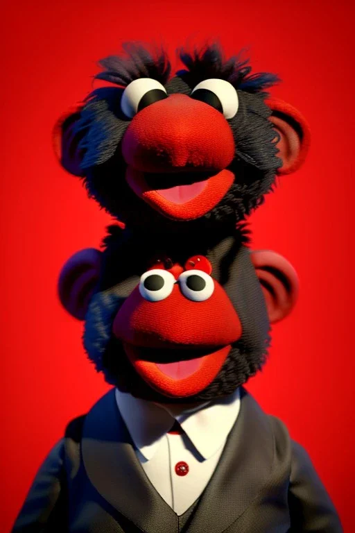 Waist up muppet Portrait, Kim Jong-un muppet doll, black suit, photo studio, red background, unreal engine 5, concept art, art station, god lights, ray tracing, RTX, lumen lighting, ultra detail, volumetric lighting, 3d.