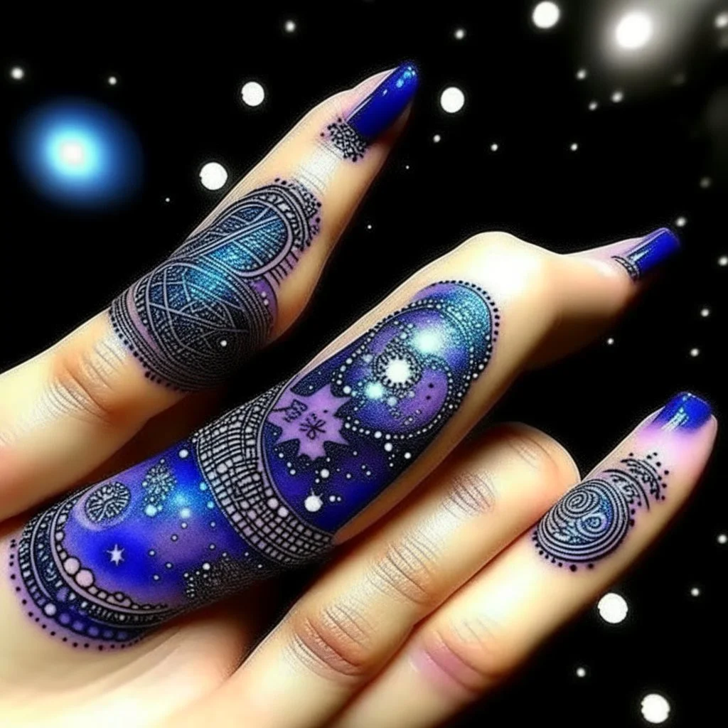 A violet space station in a galaxy designed in Mehndi design