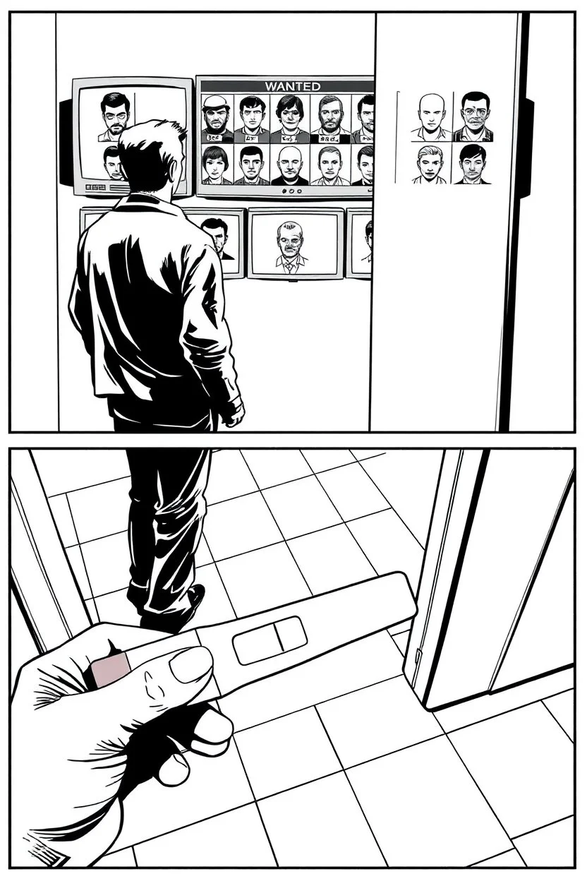 uncolored comic book page: top panel(man on his way out the door walks past a display of televisions on which a bulletin of wanted criminals mugshots appears, higher over the shoulder camera perspective), bottom panel(pov a woman's hand holding a pregnancy test that shows a positive result, tile floor below), panels divided at an angle