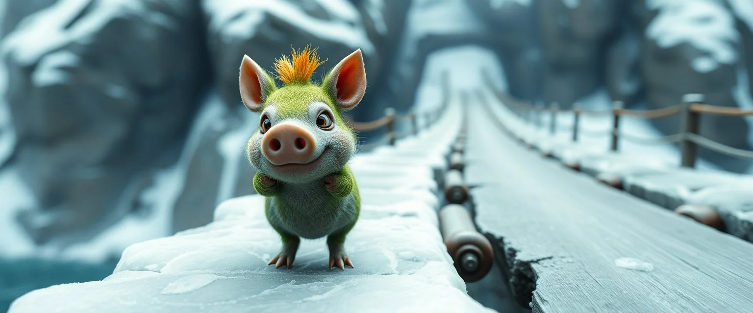 fast and clever cute little evil moss pig named yutt, on icy bridge, motion blur, standing by the guard rails, fantasy 3d realm