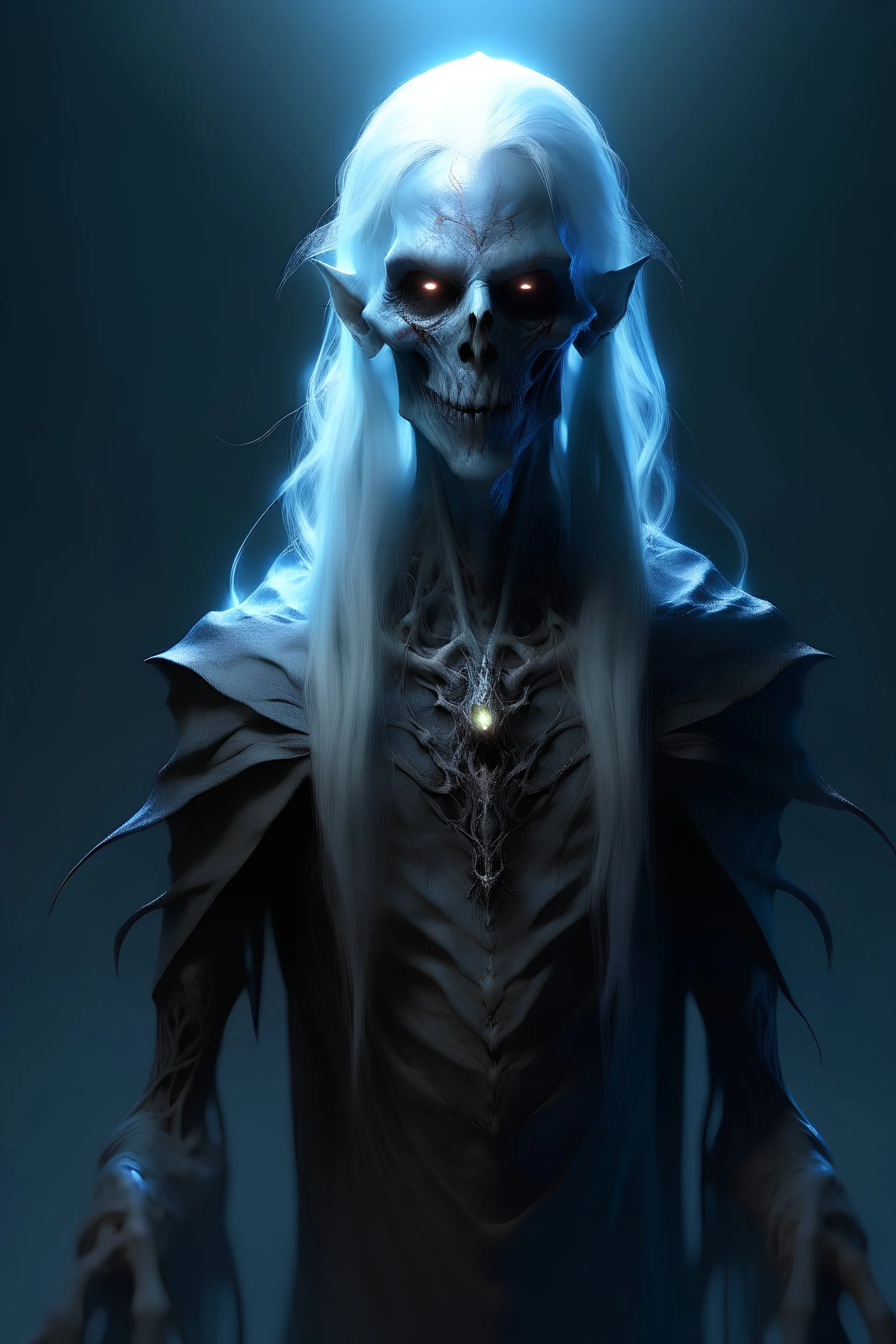 A undead elf,three meters tall,blue energy emanating from eyes and mouth,wide menacing eyes,long white hair,long skinny limbs, cinematic lighting, ray tracing, character sketch