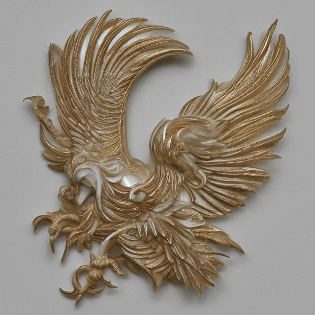 ivory brooch of a chinese phoenix, opalescent marble carving, decorative design, classical ornament, highly ornate, highly intricate, highly detailed etching, marble carving, warm lighting, linen backdrop