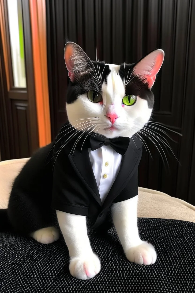 very cute white cat wearing a black wedding suit