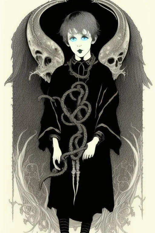 7 year old boy, necromancer, friendly, looks dead,with a lamprey serpent , wearing black robes, in the style of Harry Clarke