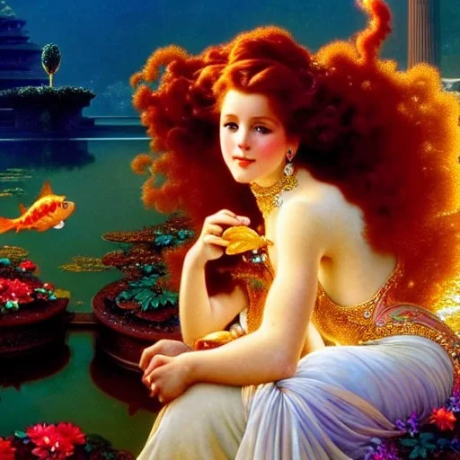 Hyperdetailed oil on canvas, young robyn lively by an ornate fountain, goldfish pond, lotus, detailed face, long muti-hued red curly hair; by gaspar camps, maxfield parrish, alphonse mucha, cyril rolando, dan mumford; luminous colorful sparkles, glitter, airbrush, octane render, volumetric lighting, 16k