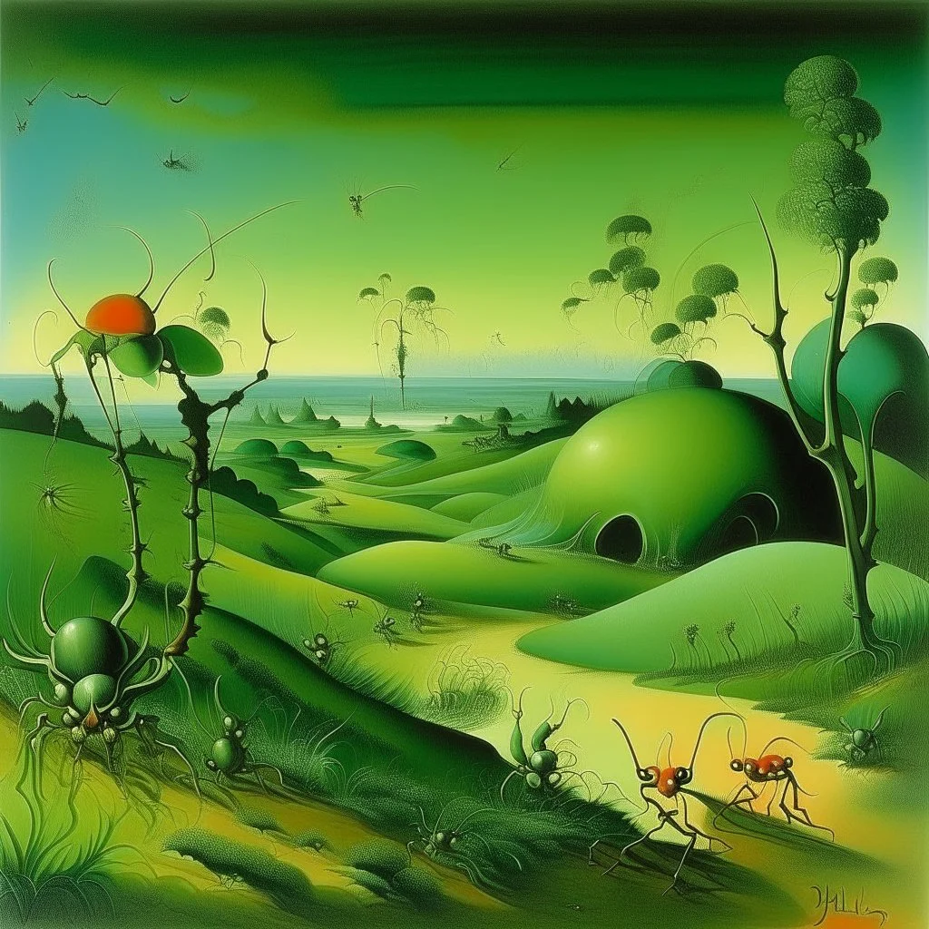 A green meadow with ant fairies painted by Salvador Dali