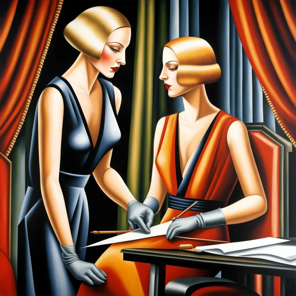 Two 1920s tailor women making an art deco dress, by artist "Catherine Abel" by artist "Tamara de Lempicka",highly detailed elegant beautiful crisp quality, colourful