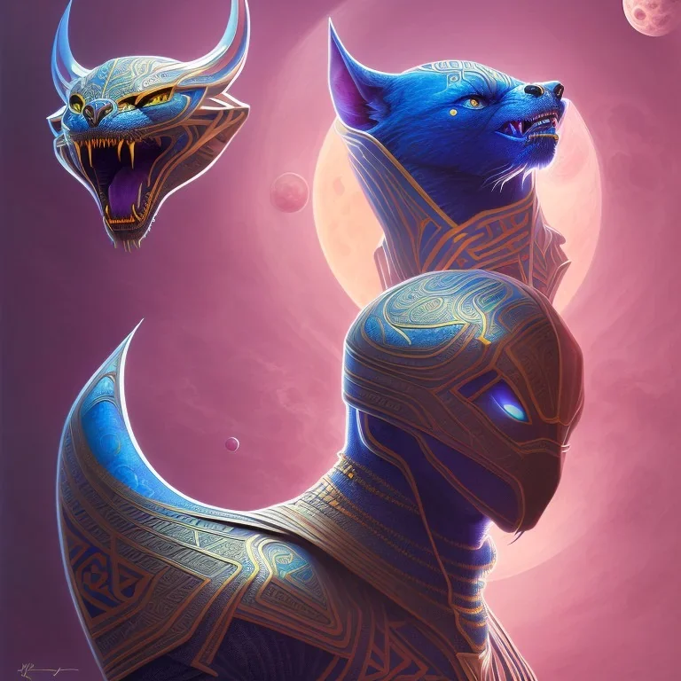 sango fantasy, fantasy magic, intricate, sharp focus, illustration, highly detailed, digital painting, concept art, matte, artgerm and paul lewin and kehinde wiley, masterpiece Asian black panther Papu New Guina pyramid blue space lady space blood moon galaxy