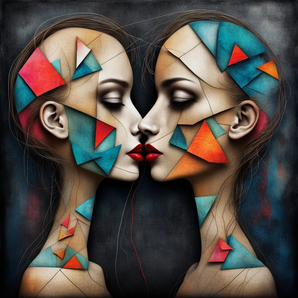 Whimsical kissing: This strange asymmetric abnormal kissable beautylady has a head that looks like a triangle, a square and a circle sewn together with cords. Colorful abstract art, mixed media. Disturbing, turpistic, dark. Scratches. Kissing background.