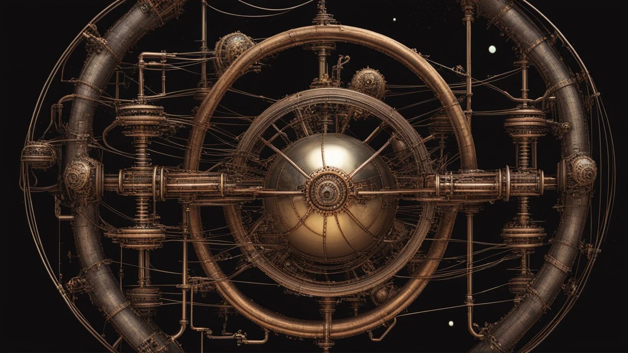 steampunk sphere with tubes, pipes, and wires floating in deep space, detailed