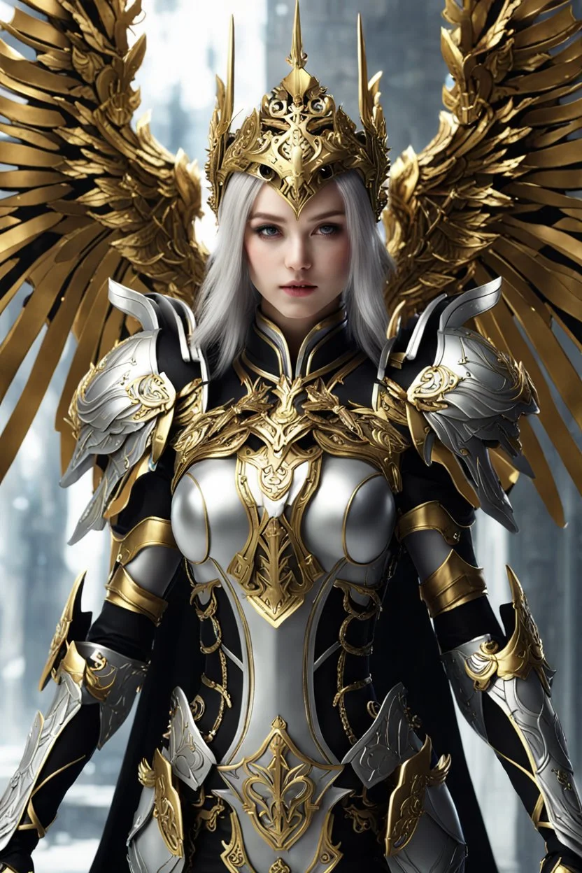 Realistic photography,front_view, Beautiful super model European girl dressing Angel Queen, silver wings,looking at viewer,traditional dress ornaments mechanical armor china warframe traditional, intricate armor, delicate golden shine bright filigree, intricate filigree, black metalic parts, detailed part, jewelry diamonds,dynamic pose,abstrac background, dynamic lighting, epic fantasy concept art by noah bradley