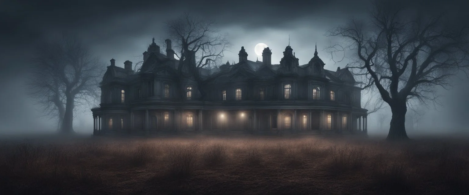 Hyper Realistic Haunted Dark Mansion between a Field with dry old tree at heavy foggy night