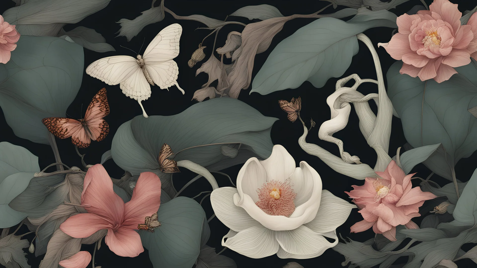 Floral composition of Jade Vine, ghost orchid, Lotus, Camellia japonica, Banksia, Dicentra Formosa, assorted leaves, and butterflies on a dark background