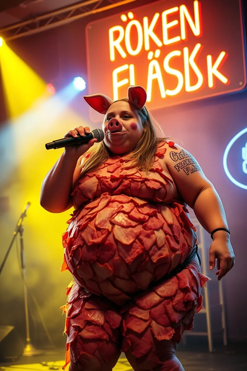 a very fat swedish girl, with skin colored ski mask called "Fröken Fläsk" performing at dance club, her name is "Fröken Fläsk" piglets On stage, yellow Neon lights and smog, and "FRÖKEN FLÄSK" big sign on the wall, she is covered all the body with pork slices, bacon all over her, singing with mike