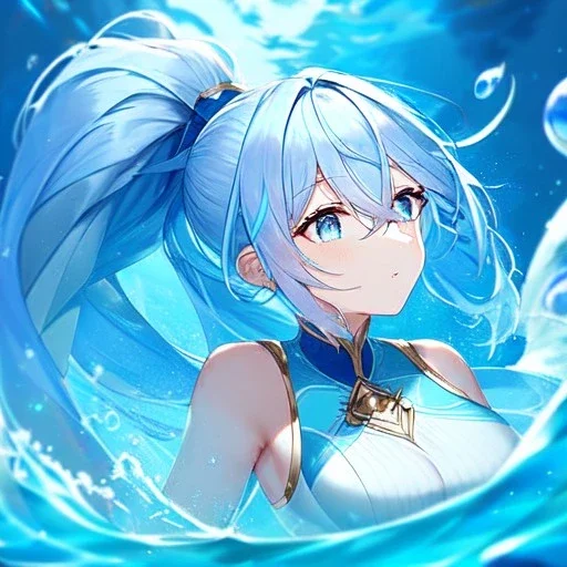 girl, masterpiece, best quality, volumetric lighting, dynamic pose, detailed outfit, perfect eyes, light blue hair, blue eyes, messy hair, long hair, hair in between the eyes, water magic, ponytail,