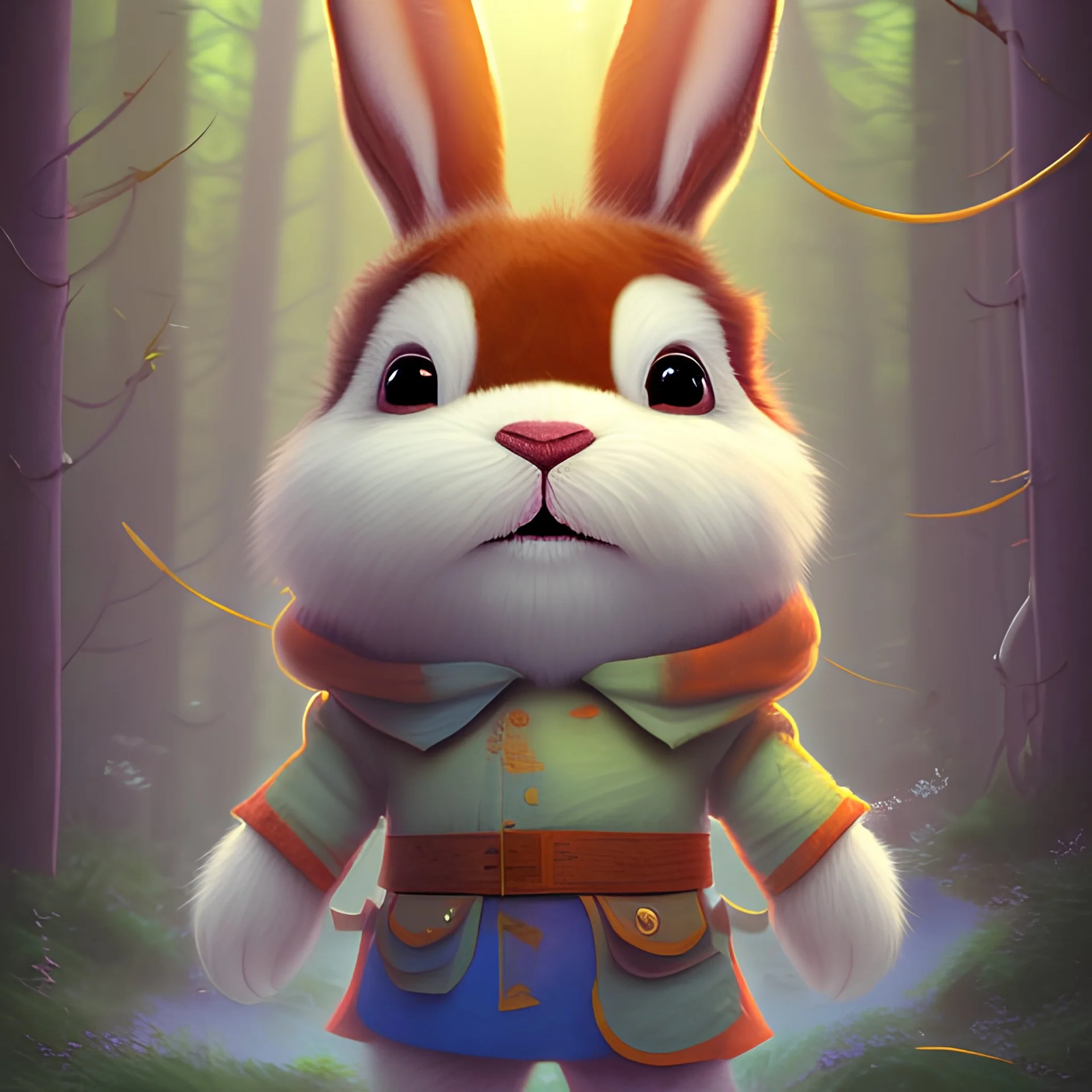 The cover page of "The Adventures of Benny the Brave Bunny: A Tale of Friendship and Courage" features a vibrant and whimsical illustration of Benny the bunny, the main character of the story. Benny is depicted as a cute and furry bunny with a brave expression on his face, standing on his hind legs and looking out into the forest with determination. In the background, the forest is portrayed with lush green trees and a flowing river, with the sun shining brightly in the sky. The title of the boo