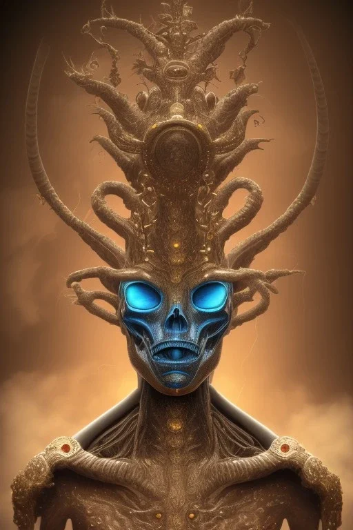 black male African alien, cracks in the head, wicked, Asian eyes, crown, blood, 8k, finely detailed, photo realistic, Boris Vallejo style turquoise skull head gold dragon space alien rain skeleton gold tooth silver helmet silver space suit spaceships