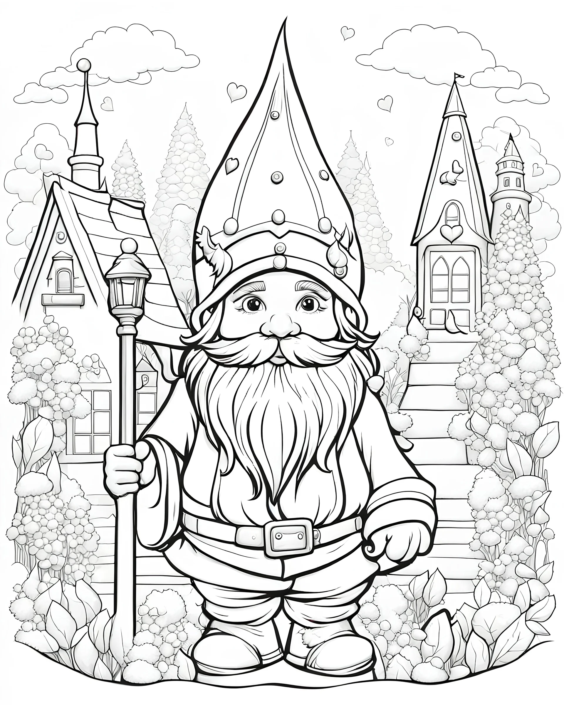 B/W outline art,coloring book page, full white, super detailed illustration for adult,"Love Stories of Gnome in a World of Colors", crisp line, line art, high resolution,cartoon style, smooth, law details, no shading, no fill, white background, clean line art,law background details, Sketch style.