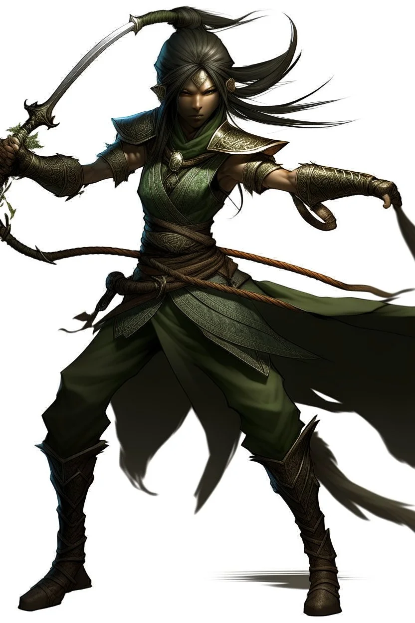 female Shadar-Kai wielding a Whip a whip made out of black thorns