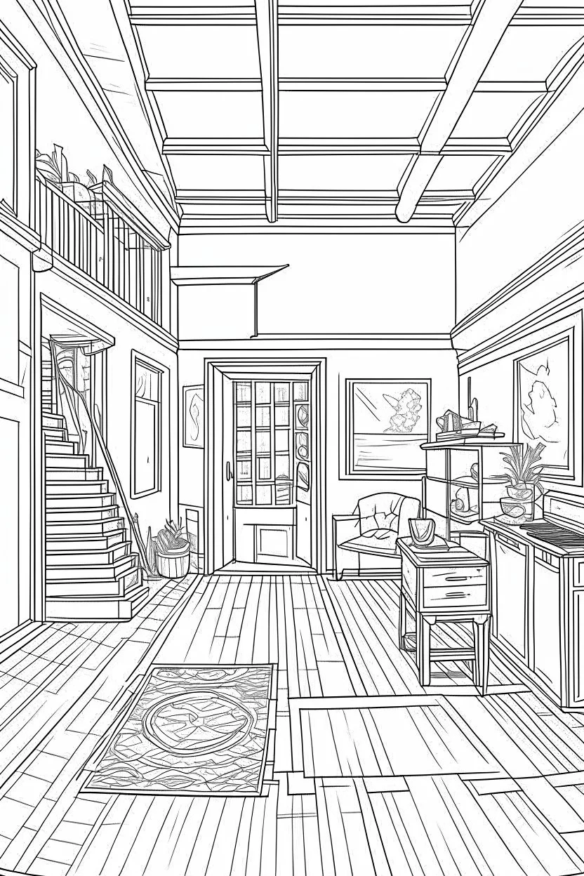 Outline art, House interior design, cartoon style, thick lines, low details, --ar 9:11