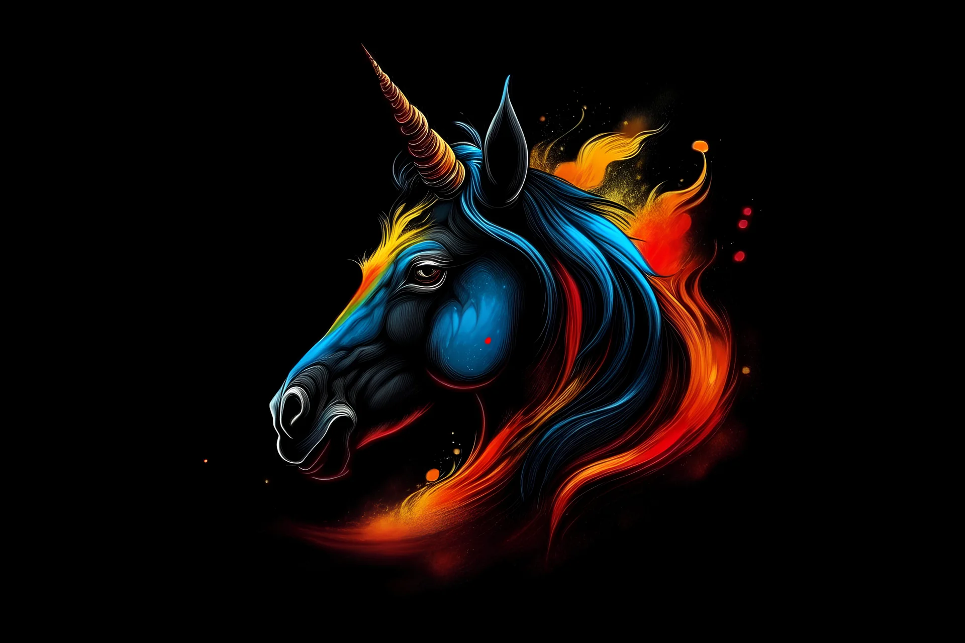 rainbow and black unicorn in fire head portraite