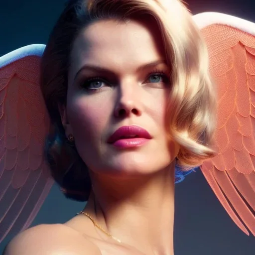 Eva Herzigova has angel wings. She has beautiful eyes, Her hair flies in the air. with yellow flowers for hair, closed eyes, rtx, reflection, 8k, glow, winning photography, caustics