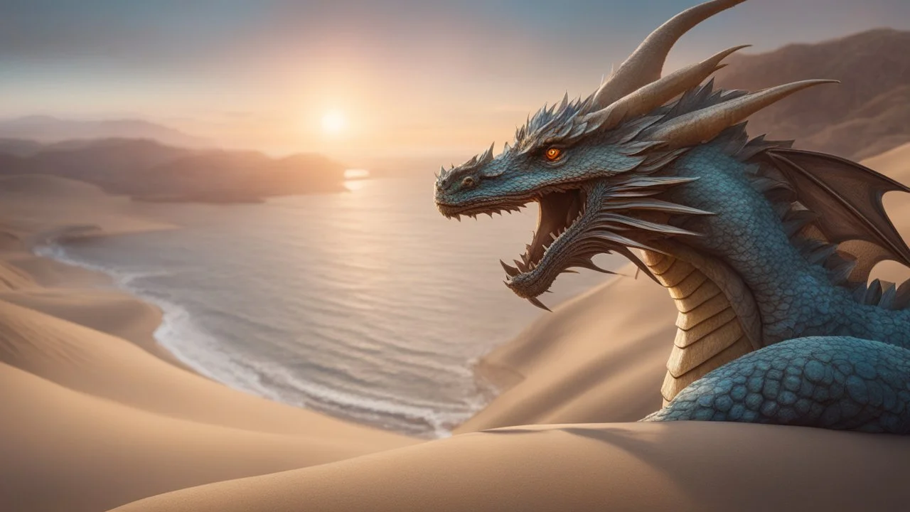 the coast of a desert seen from the top of a dune. a serene dragon looking out over the ocean. fantasy, cinematic lighting, hyper realisme, Hyperrealistic, splash art, concept art, mid shot, intricately detailed, color depth, dramatic, 2/3 face angle, side light, colorful background