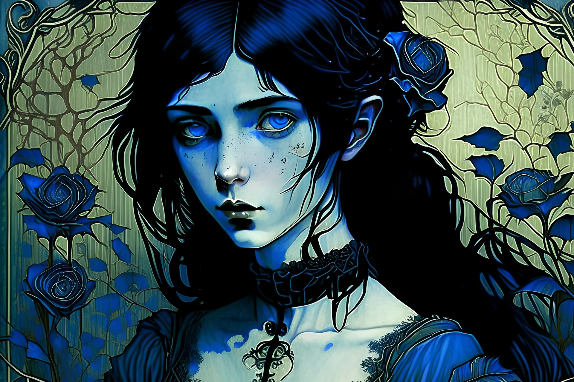 Gothic portrait of a young woman in the style of Arthur Rackham and Norman Rockwell. She has dark blackish blue hair and there are blueberry plants around her. Piercing blue eyes. Steampunk Wednesday Adams