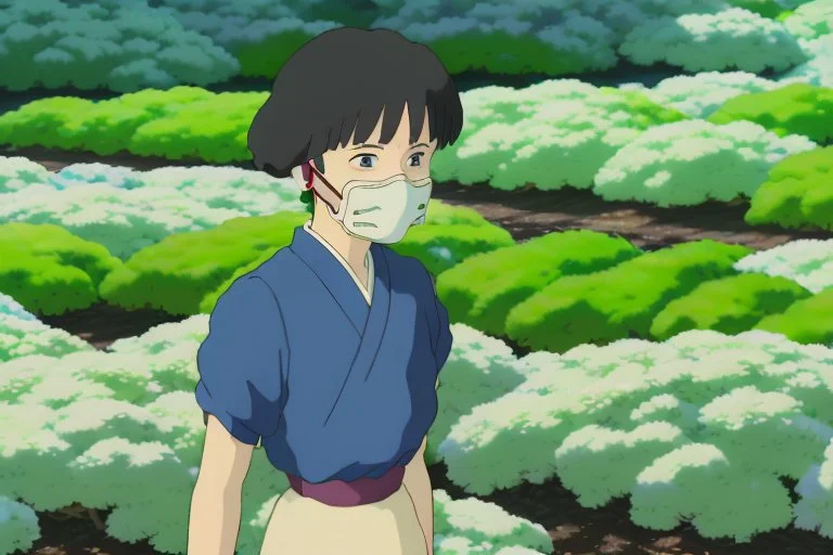 A young woman, Yui, is seen inside one of the biodomes tending to a variety of plant life. Her eyes reflect determination and spirit. She wears a respirator around her neck,