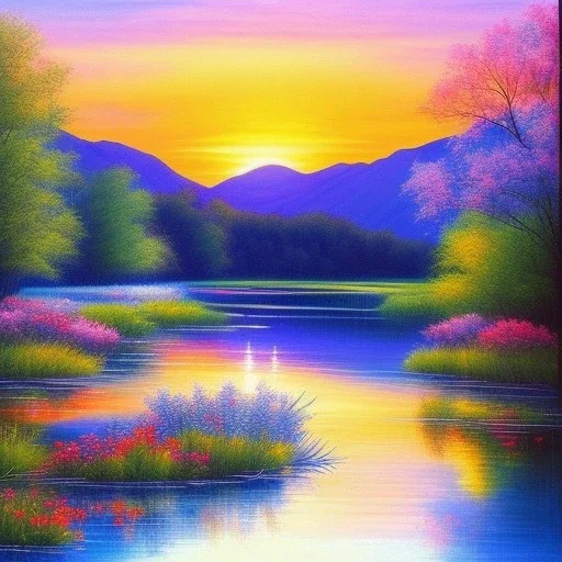 blue and transparent river, cristal flowers, sunset, delicate flowers