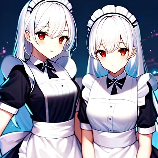 8k, Girl, high quality, detailed, white hair, red eyes, beautiful lighting, maid, twins