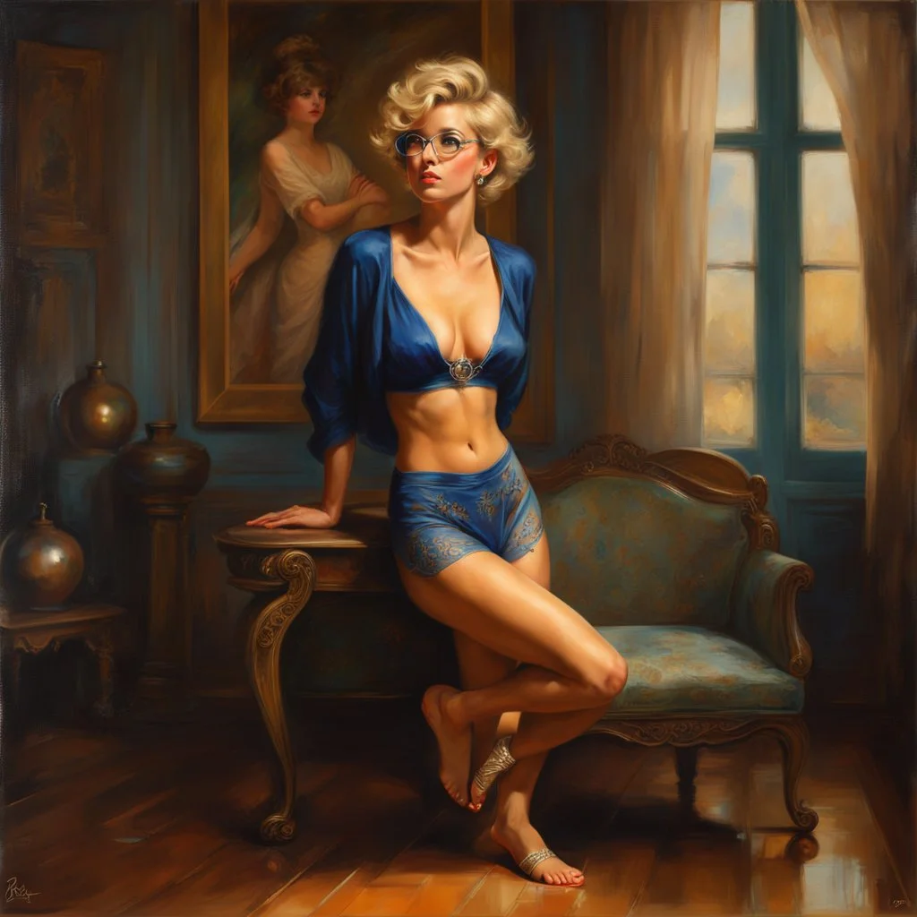 full length low angle airbrush portrait of young barefoot woman standing legs apart, wearing crop top and silk shorts with blond hair in pixie haircut, tan complexion, and wireframe glasses, sapphire pendant, confident expression, by pino daeni bare feet resting on hardwood floor, in opulent parlor with antiques, relief hangings, and a crystal decanter, perfect toes, pedicure