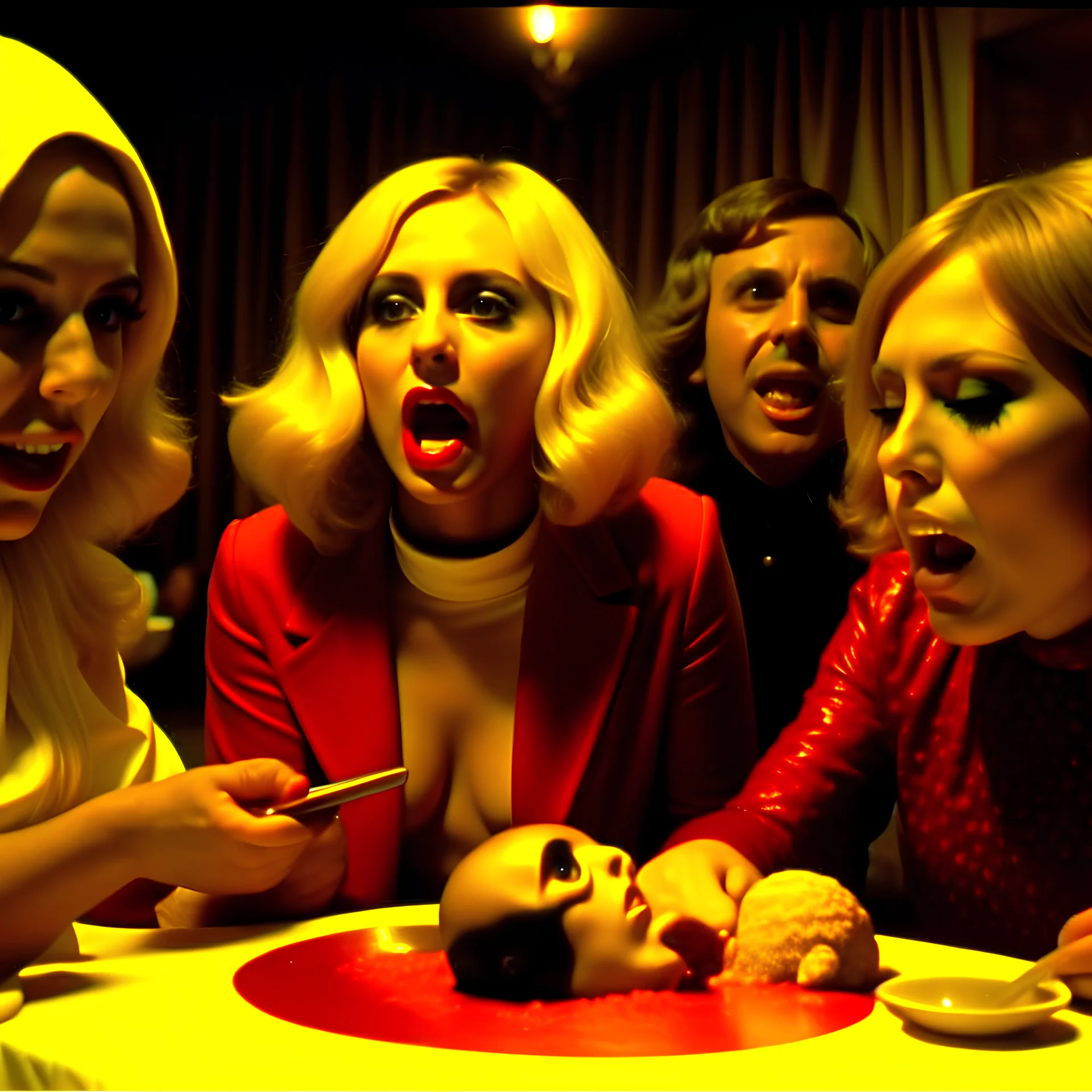 Horror movie shot, hot ultra realistic, dine, ultra realistic hot blonde women, party, pieces of meat, organs, hot dynamic, very excited people, hypermaximalist figures, light, 1970's Italian horror movie, very sinister, Dario Argento, Stanley Kubrik, ornate, 4k, photorealism