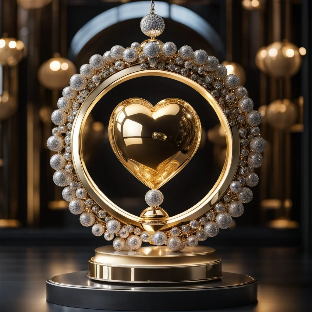 A magnificent golden and silver heart-shaped sign adorned with a stunning golden sphere encrusted with sparkling diamond clusters at its center, elegantly spinning in position.