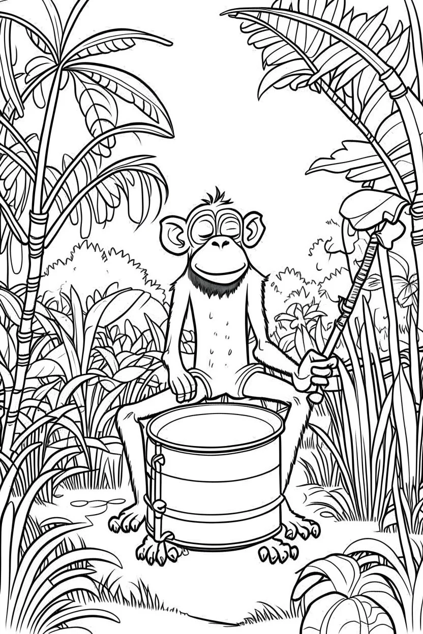 Outline art, bongo in the garden, cartoon style, black and white, low detail, no shading, --ar 9:11