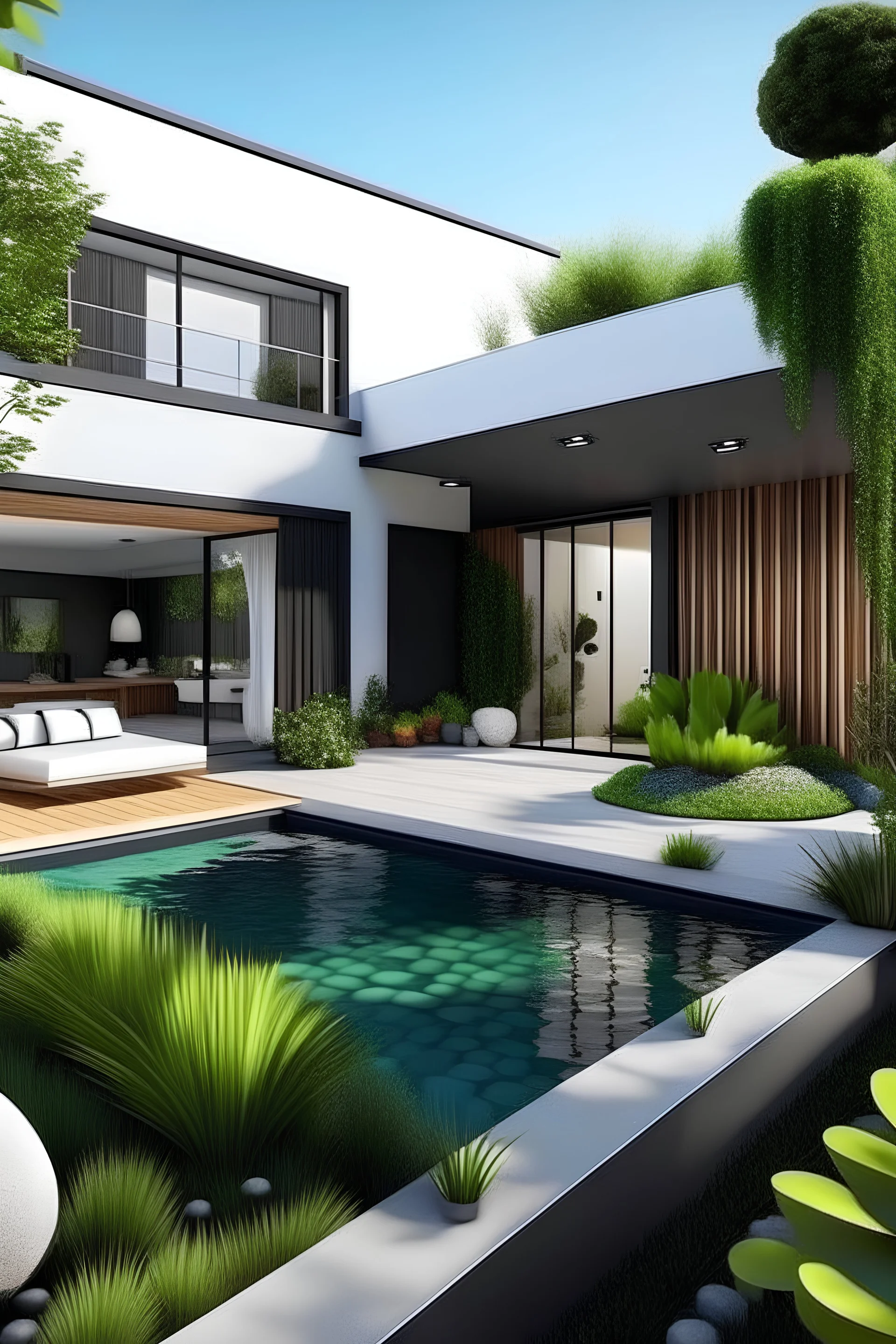 Generate a modern backyard around a house, with plants, a pool and space, and approximately 250 squared meters