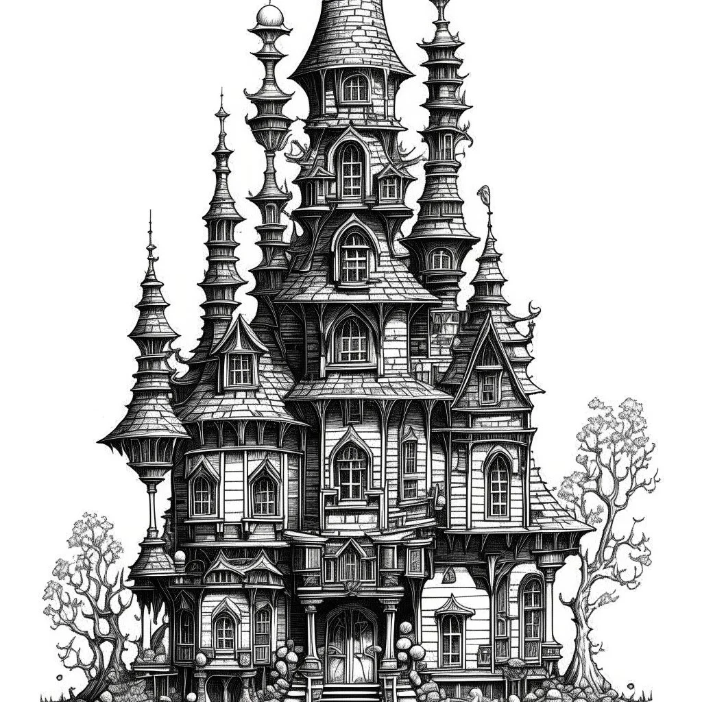 A detailed ink illustration of a front elevation of a fantasy house, with a tall chimney, rooms and floors added to the sides and roofs.