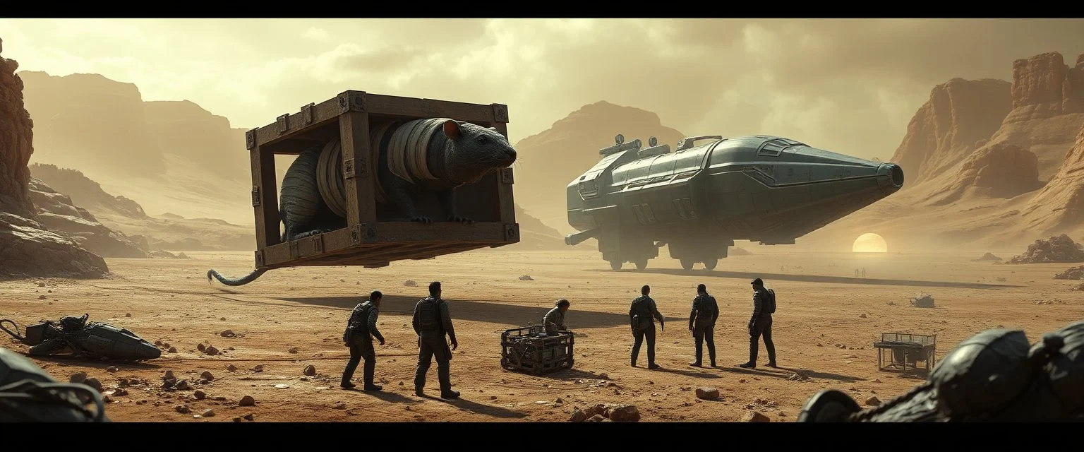 10️⃣ Mission Success / Final Scene "Wide alien landscape with two landed ships. Giant mummy rat observes scene from crate, curious and clever, bandages trailing. Crew interacts with cautious but friendly alien inhabitants. Stasis rat pod visible in secure area. Dramatic cinematic lighting, realistic textures, mood accomplishment and quiet wonder."