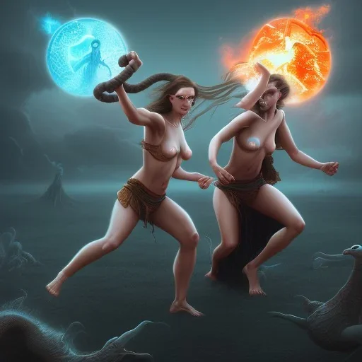 Two women skipping with a rope, demons and angry gods fight in the background, in the style of a Michael Moorcock book cover.